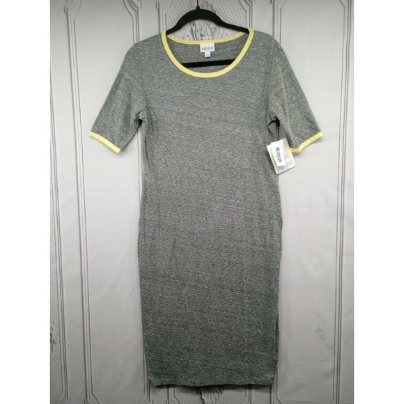 NWT LuLaRoe Dress SZ Medium Julia Style Sheath Casual Stretch Gray Yellow‎ Trim - Picture 1 of 16